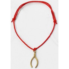 Goldtone Wishbone Red Cord Charm Bracelet