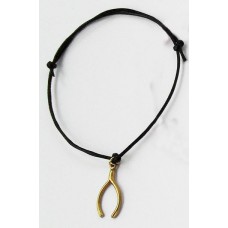Goldtone Wishbone Black Cord Charm Bracelet