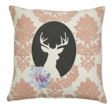 Handmade Cushion On Natural Linen, Pink Deer Cameo