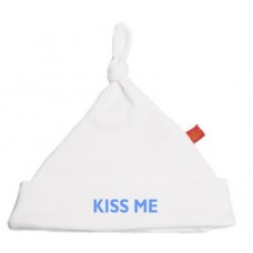 White Kiss Me Pixie Hat With Blue Print