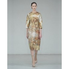 Three Quarter Length Restoration Print Dress In Ochre