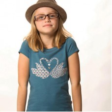 Swan Print T-shirt In Blue With Mother Of Pearl Buttons