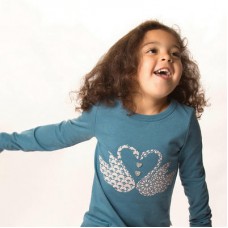 Swan Print Long-sleeved Top In Blue With Mother Of Pearl Buttons