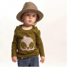 Owl Print Baby Long Sleeved Top In Olive With Sparkly Eyes