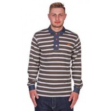 Khaki Ecru Long Sleeved Polo With Denim Collar