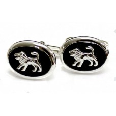 Sterling Silver Black Agate, With Silver Lion Cufflinks