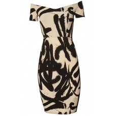 Tfnc Jane Beige Graffiti Off Shoulder Midi Dress